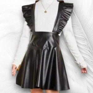 Black Faux Leather Ruffle Strap Suspender Skirt Dress 6-8 years